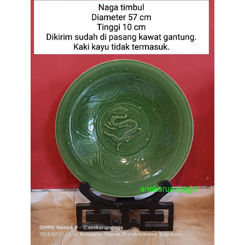 piring gantung  keramik lukis naga timbul hijau celadon  jumbo