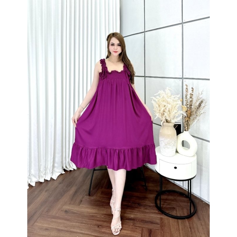 Overall Yukensi Ld 140// Dada Smock// Pundak Tali Serut // Rempel Bawah Polos Adem Wanita Dress Baju