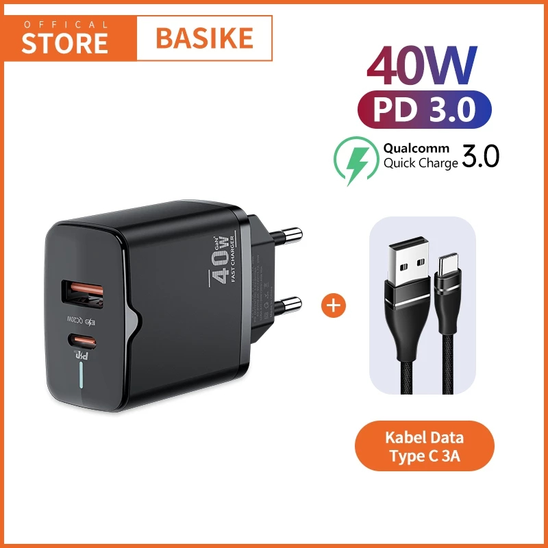 (HOT)BASIKE Kabel Charger iPhone Fast Charging 40W with Kabel data Type C micro USB original murah