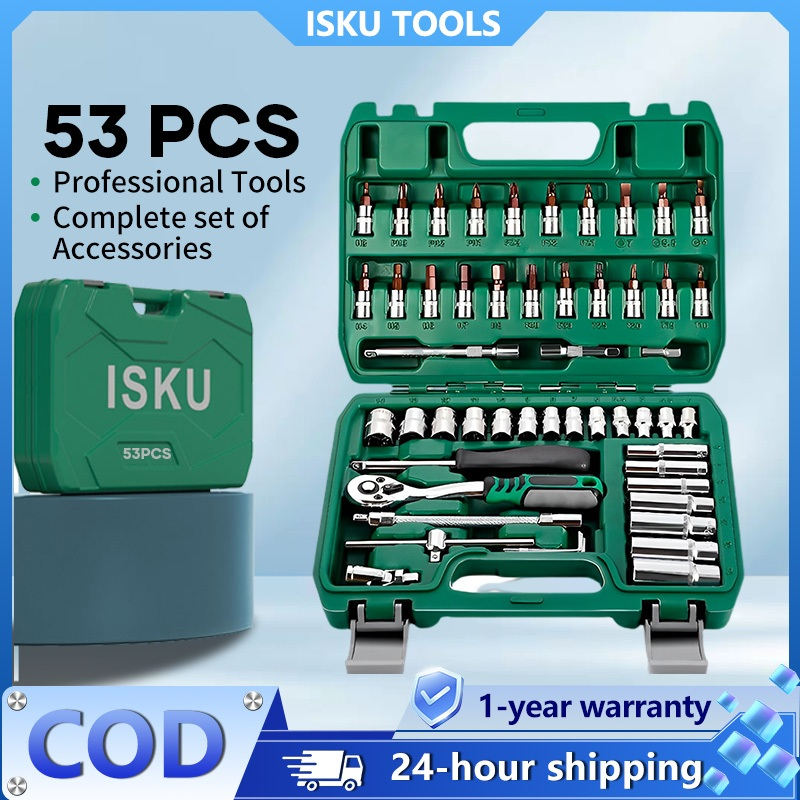 ISKU Kunci Shock Set 53pcs Kunci ring pas set Dan Mata Shock Set/Kunci Sok Set lengkap Alat Mobil