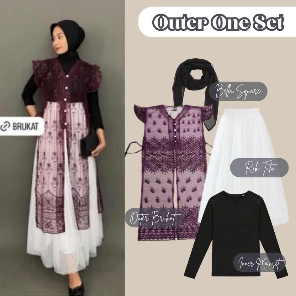One Set Outer Brukat Sapto Burgundy (Outer Tunik Brukat + Rok Tutu Rok Tutu Panjang Tile 2 Lapis)