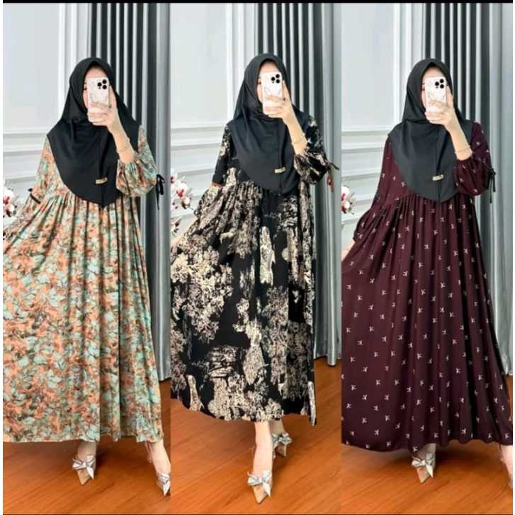 Gamis Middi Dress Pita Lengan Balon Bahan Rayon Diamond