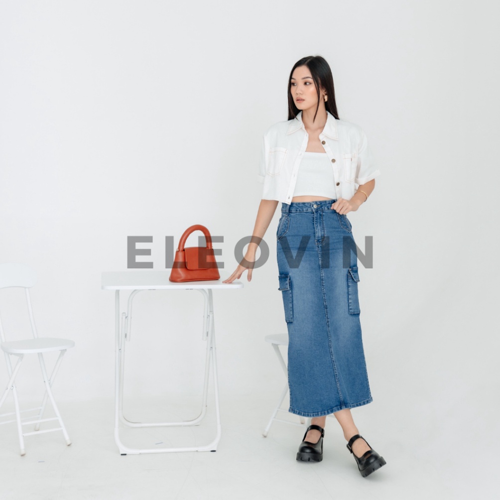 KODE T87H Eleovin Fashion  Rok Cargo in Medium Jeans  Rok Jeans Premium Bangkok Korean Style
