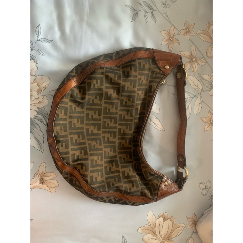 Preloved Fendi Authentic Tobacco Zucca Canvas and Croc Leather Chef Hobo