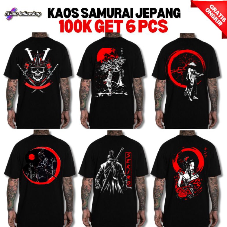 KODE V39L Paket Kaos Distro Samurai Jepang l 1K GET 6 pcs Kaos Samurai Jepang Warna Hitam
