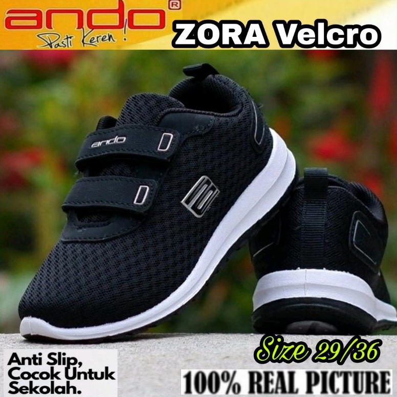 KODE X83B ANDO Sepatu Anak Sekolah TK SD Cewek Kecil Velcro Perekat Hitam Putih Pink Velcro Perekat 