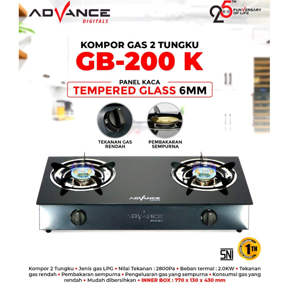 New Kompor Gas Advance GB-200K Kompor Gas Kaca 2 Tungku Tempered Glass // ADVANCE GB100K Kompor Gas 