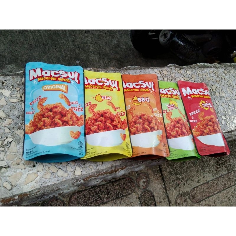 

Macaroni Sultan (MacSul) Rasa BBQ,PEDAS LEVEL 5, ORIGINAL, KEJU, PEDAS DAUN JERUK