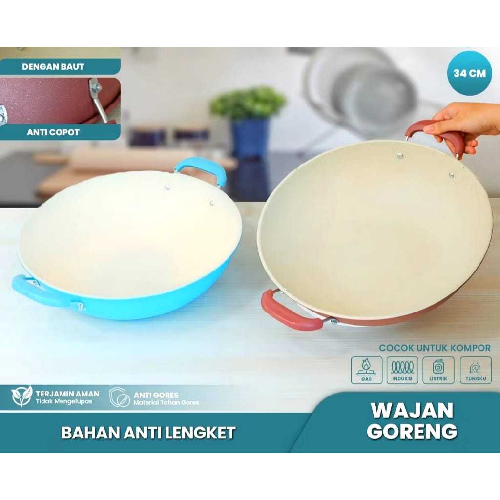 Wajan Warna Anti Lengket 34cm Kuali Wok Pan