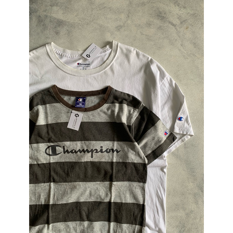 KAOS / TSHIRT CHAMPION TEE BASIC AND STRIPE SECOND THRIFT