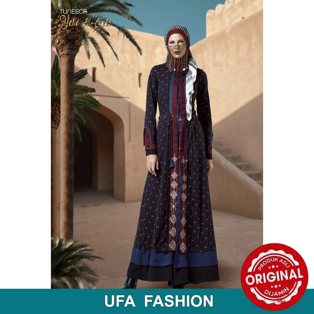 TUNEECA Gamis Fadwa Tamimi, Gamis warna hitam kombinasi navy model Long Outer, TUNEECA T-0225002