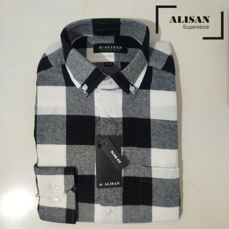 Alisan Kemeja Pria Flanel Kotak Kotak Besar Hitam Putih 11851 Lengan Panjang Slimfit