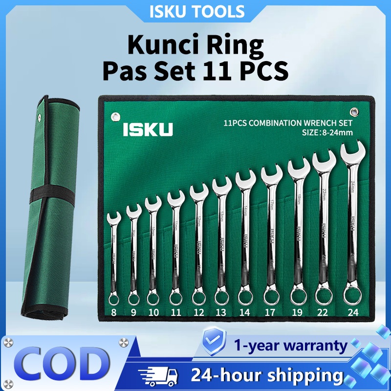 ISKU Alat Kunci Pas Cincin Kunci Pas Set 11 Buah 8-24mm dengan Tas Penyimpanan Cincin Kunci Pas Set