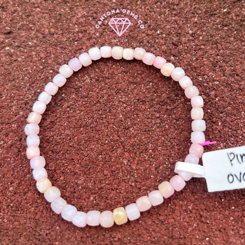 Gelang batu Alam Asli Pink Opal cube 4mm
