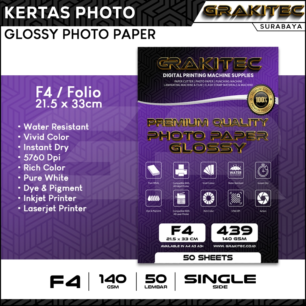 

Kertas Foto Folio F4 Premium Photo Paper Glossy Folio 140 Gsm / 240 Gsm Grakitec