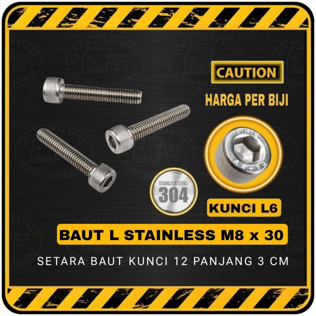 Baut L STAINLESS M8 x 30 || M8x30 ( Setara Baut Kunci 12 | Panjang 30 mm / 3 cm )