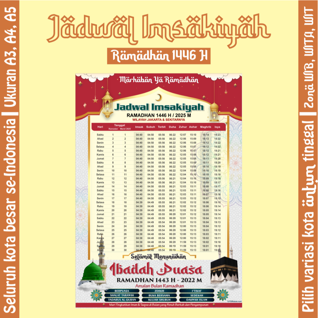 

[RUANG KREATIF] - WARM RAMADHAN - Kalender Imsakiyah Puasa Ramadan 1446 H / 2025 M – Jadwal Salat 5 Waktu + Imsak & Maghrib – Ukuran A3, A4, A5