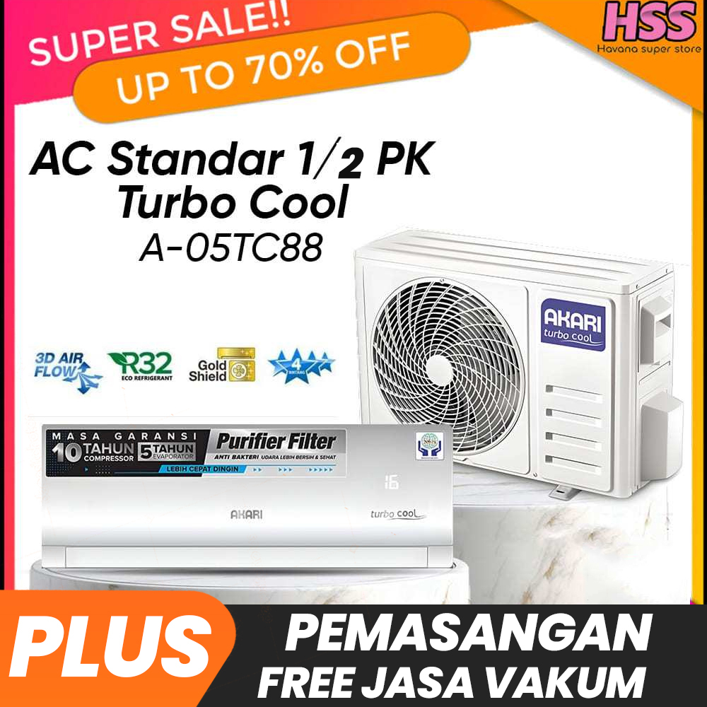 AC AKARI 1/2 PK + PASANG AKARI A-05TC88 LOW WATT 400W - TURBO COOL GOLD FIN