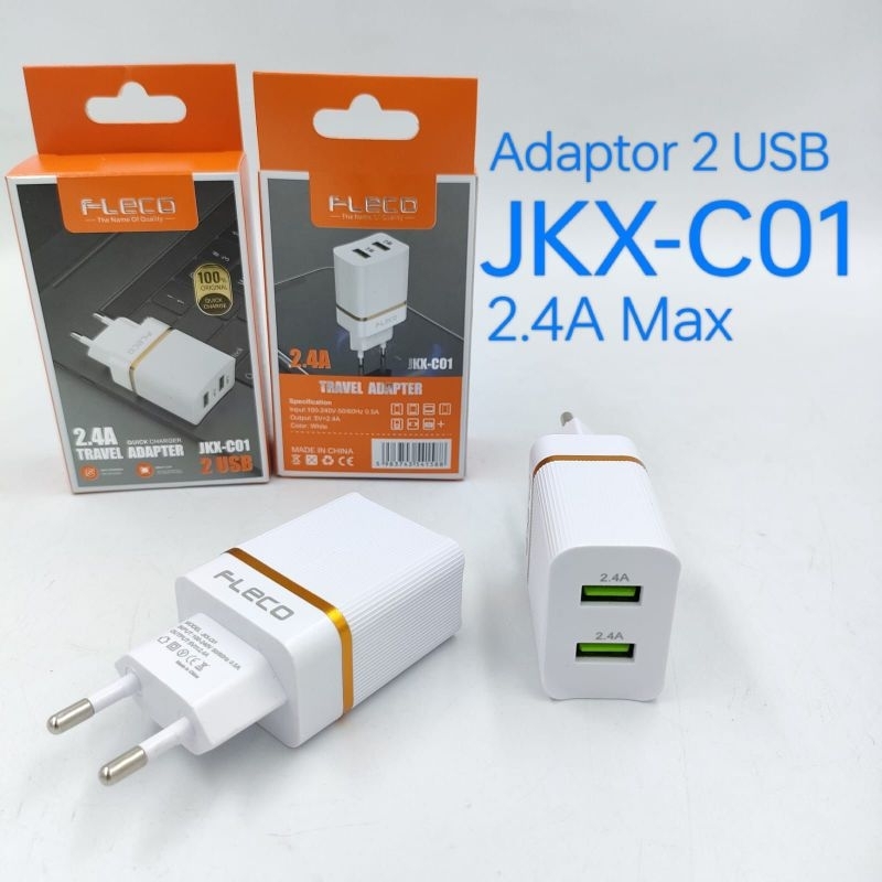 Travel Adapter Fleco 2Usb 2.4A JKX-C01 JKX-C19 JKX-C16 JKX-D16 Batok Casan Charger Fleco 2.4A 2Usb K