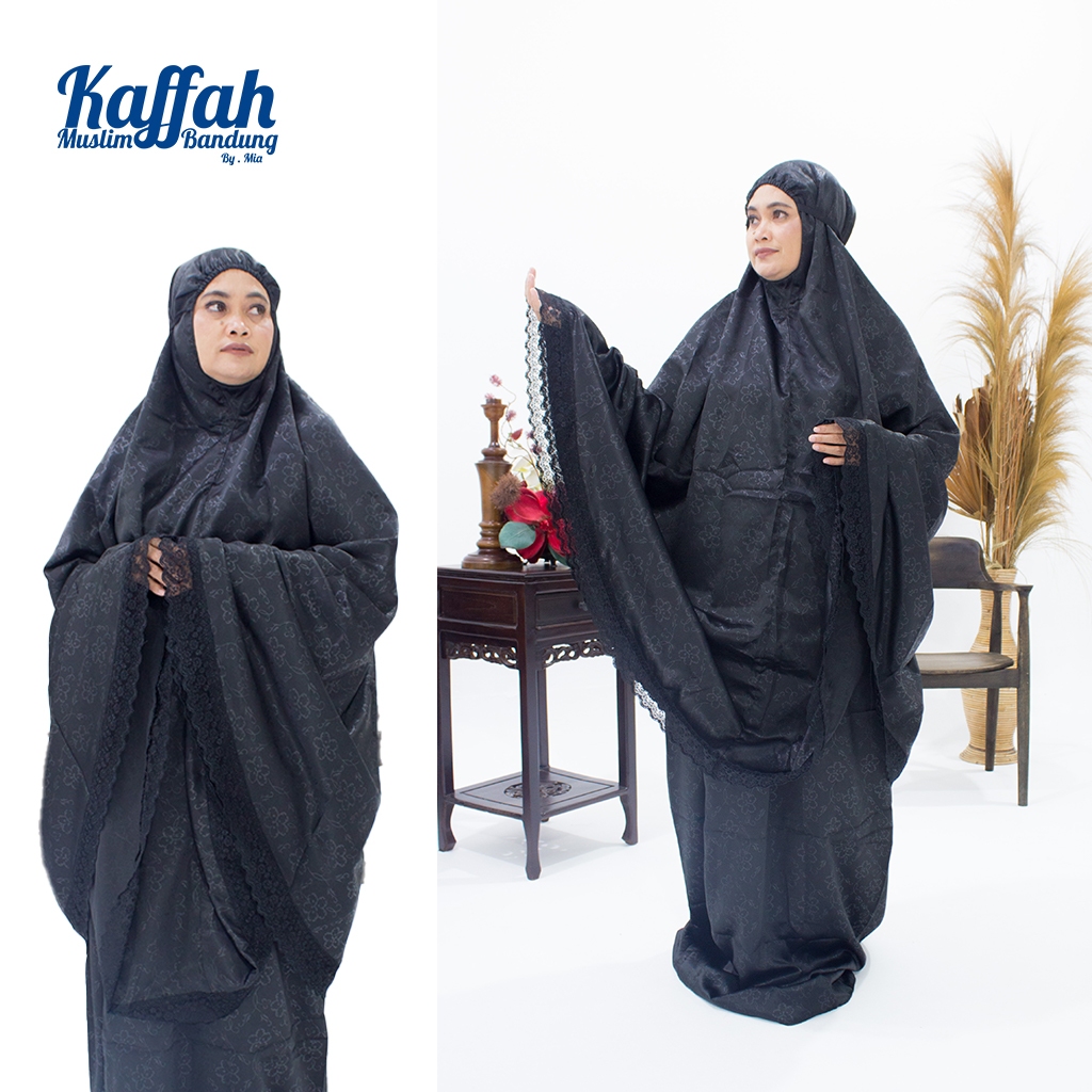 Kaffah Muslim - Mukena Dewasa 2in1 Silk Armani Renda Premium Motif Bunga Full Hitam Black
