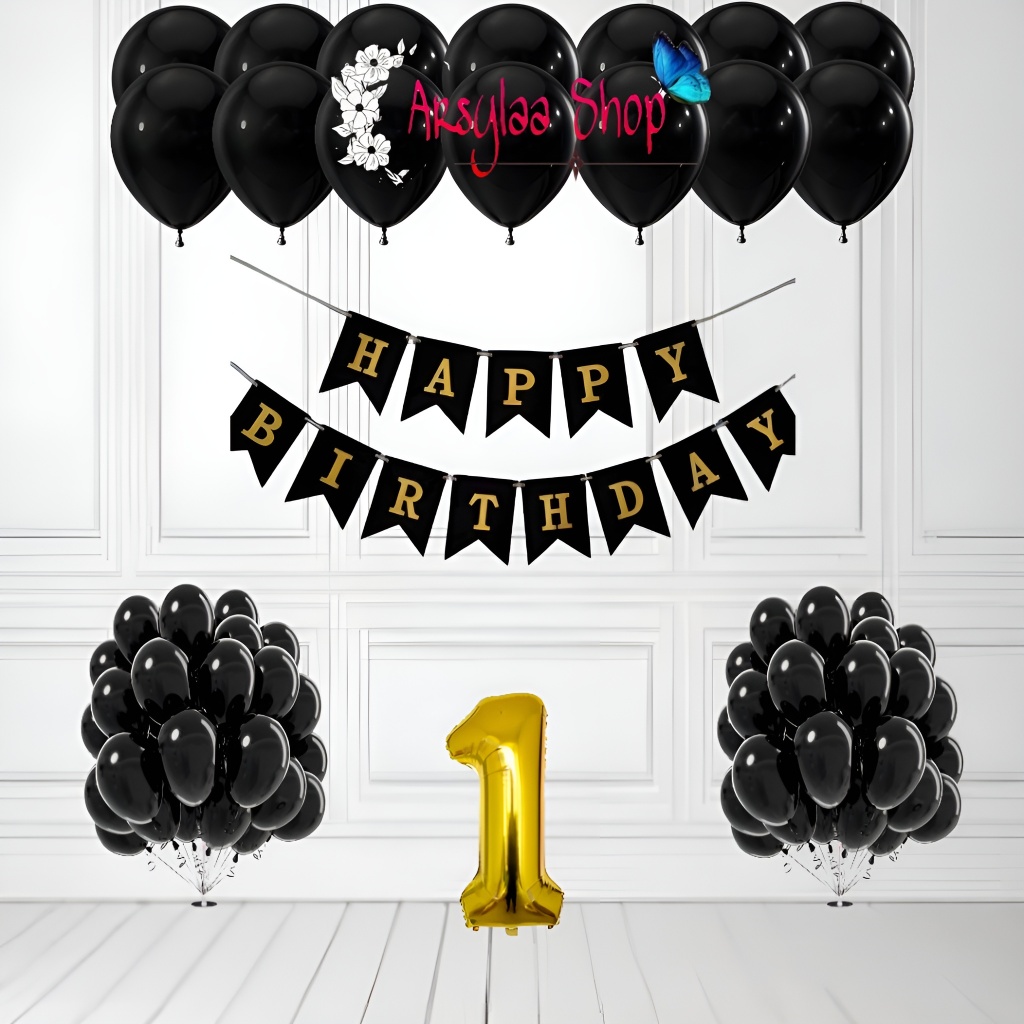 Paket Dekorasi Simple Banner HBD Segilima Dekor Ulang Tahun Anak Dan Dewasa Free Balon Angka Gold
