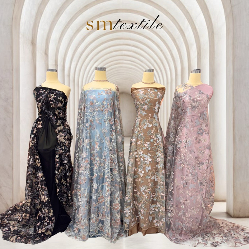 Kain Tile Premium Flora Multitone BMT 1331 | Tulle Motif Bunga Menyebar 3 Warna