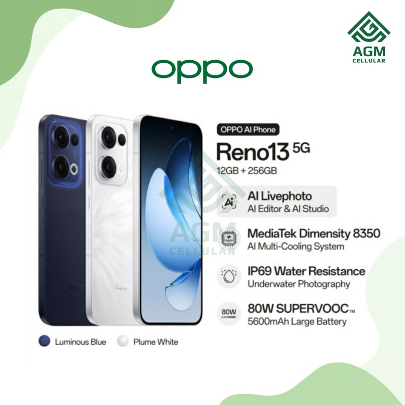 HANDPHONE OPPO RENO 13 5G RAM 12GB/256GB (Luminous Blue & Plume White)