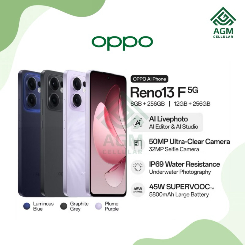 HANDPHONE OPPO RENO 13F 5G RAM 12GB/256GB | 8GB/256GB (Graphite Grey, Luminous Blue, Plume Purple)
