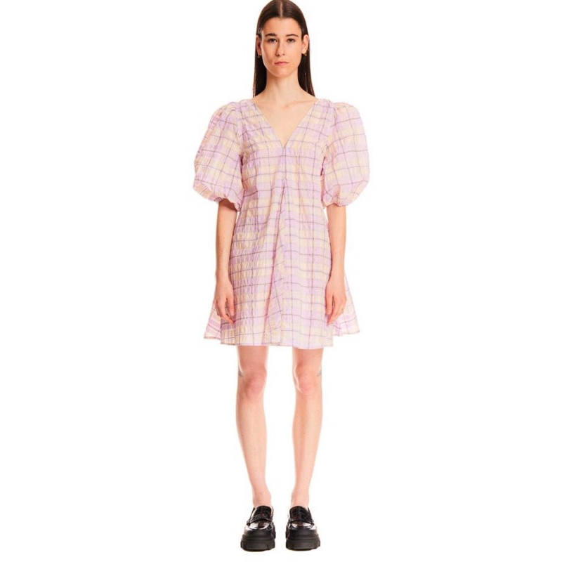 Ganni Short Seersucker Dress Pink Size M BNWT