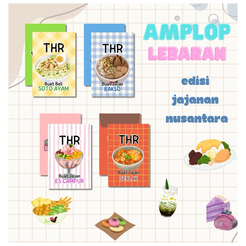 

1 Pak Isi 12 pcs Amplop Lebaran Unik Desain Preminum tema Jajanan Nusantara | 12 Desain