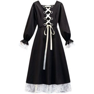 LONG DRESS HITAM POLOS LD JUMBO KASUAL RENDA2 BELAKANG TALI RETRO PRANCIS HIJAB FRIENDLY