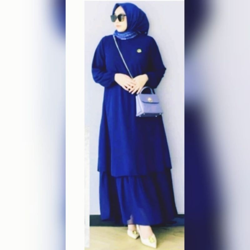 Gamis Dress Layer Emak Ibu Birel Biru Elektrik Jumbo Kasual Elegan Terbaru 2025 LD 110 120 130 140 X