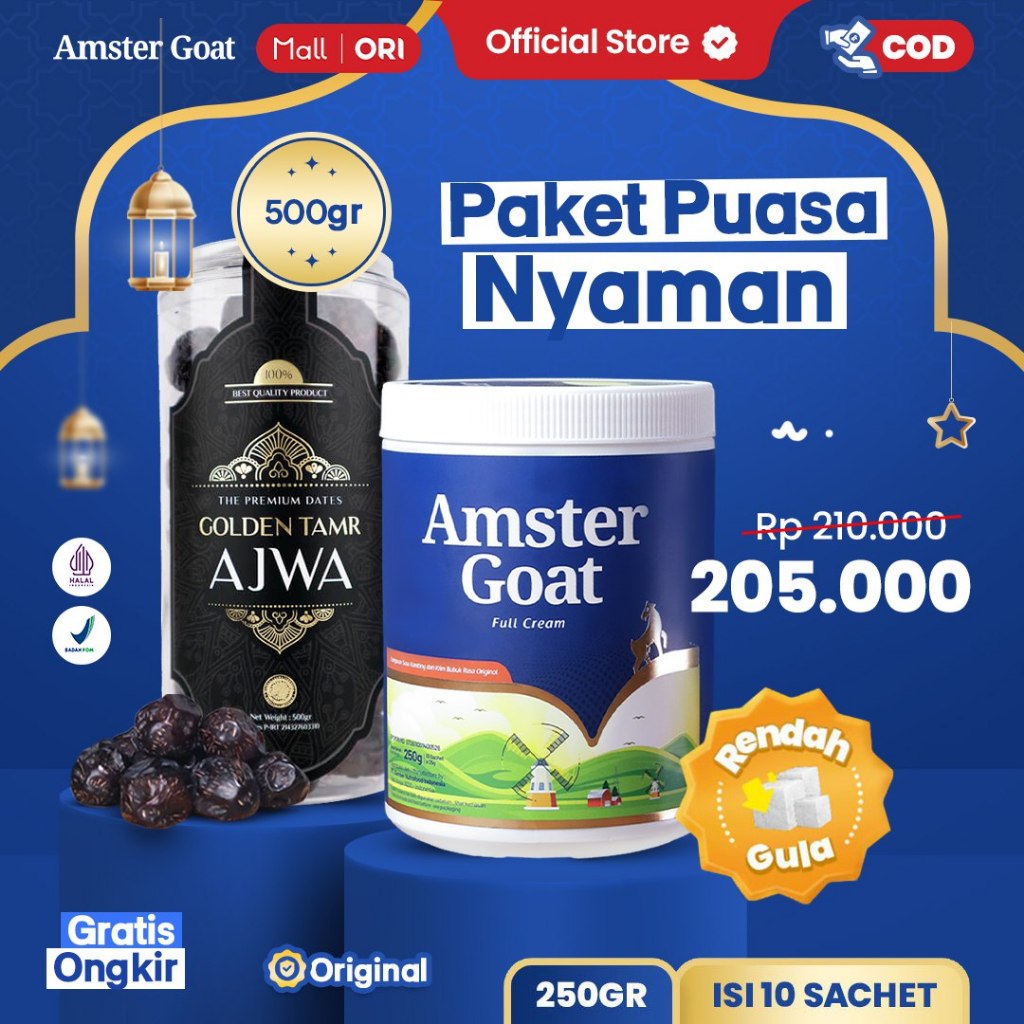 

PAKET PUASA NYAMAN - Amstergoat 250gr Isi 10 Sachet + Kurma Golden Tamr Ajwa 500gr