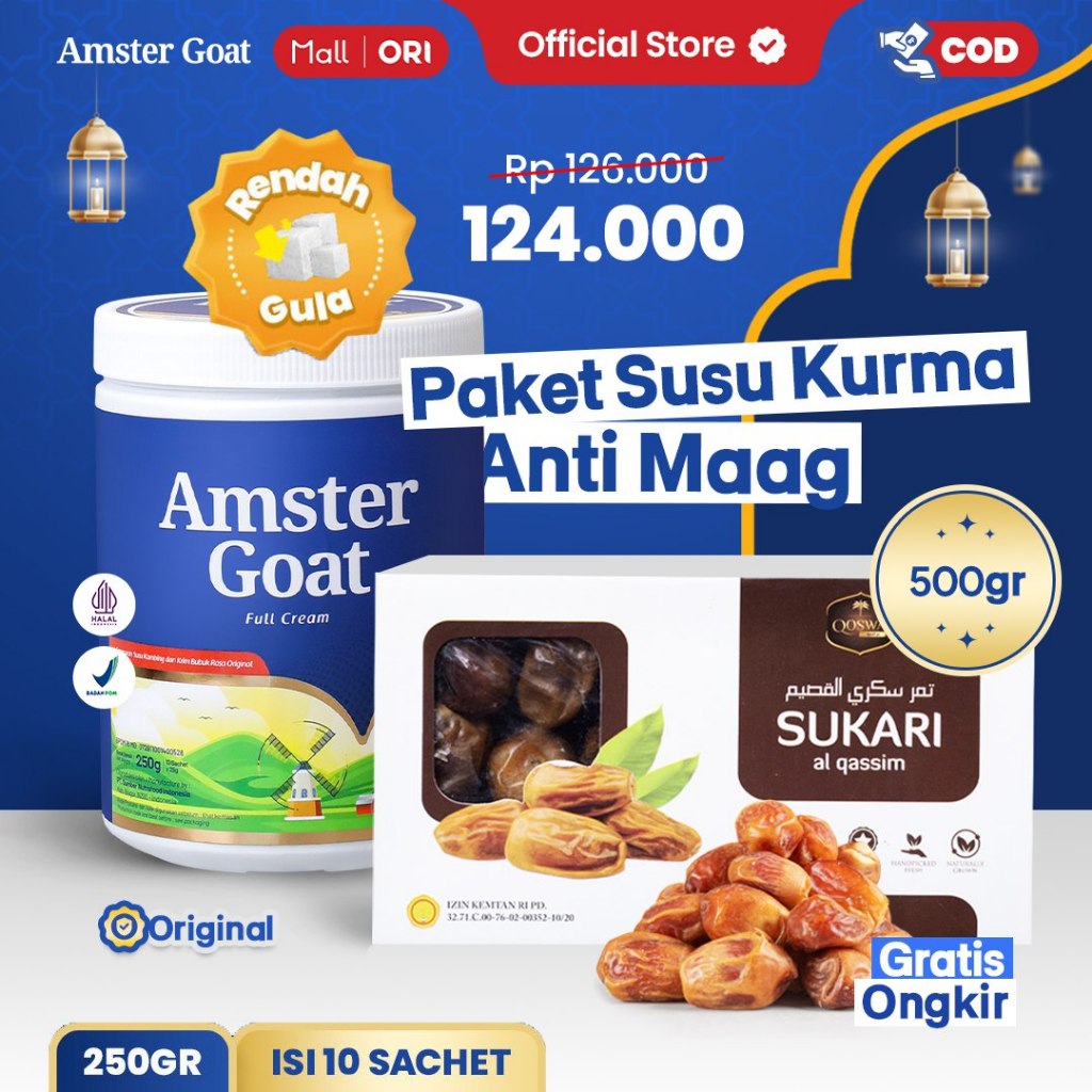 

PAKET SUSU KURMA ANTI MAAG - Amstergoat 250gr Isi 10 Sachet + Kurma Qoswa Sukari 500gr