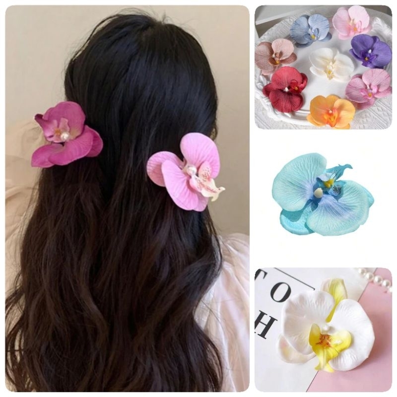 Jepit Rambut Bunga Anggrek Dengan Mutiara / Orchid Flower Hairclip Korean Style