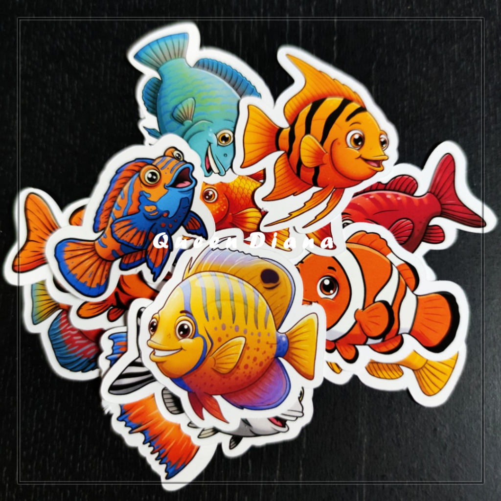 

stiker ikan hias lucu warna warni stiker glossy gambar macam-macam ikan hias unik untuk hiasan isi 15 pcs
