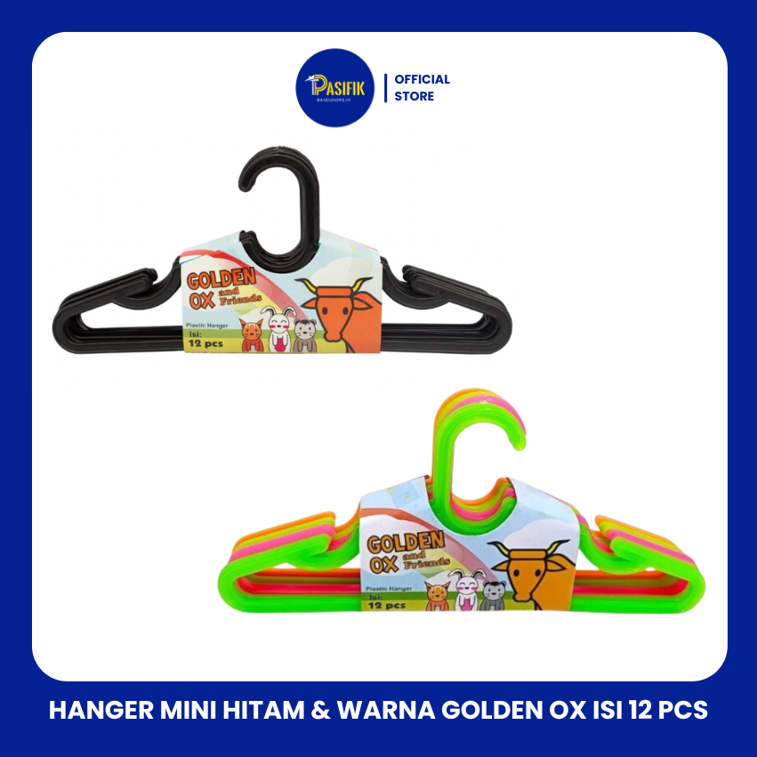 HANGER MINI HITAM & WARNA GOLDEN OX ISI 10 PCS / HANGER BAJU ANAK PLASTIK TEBAL KUAT