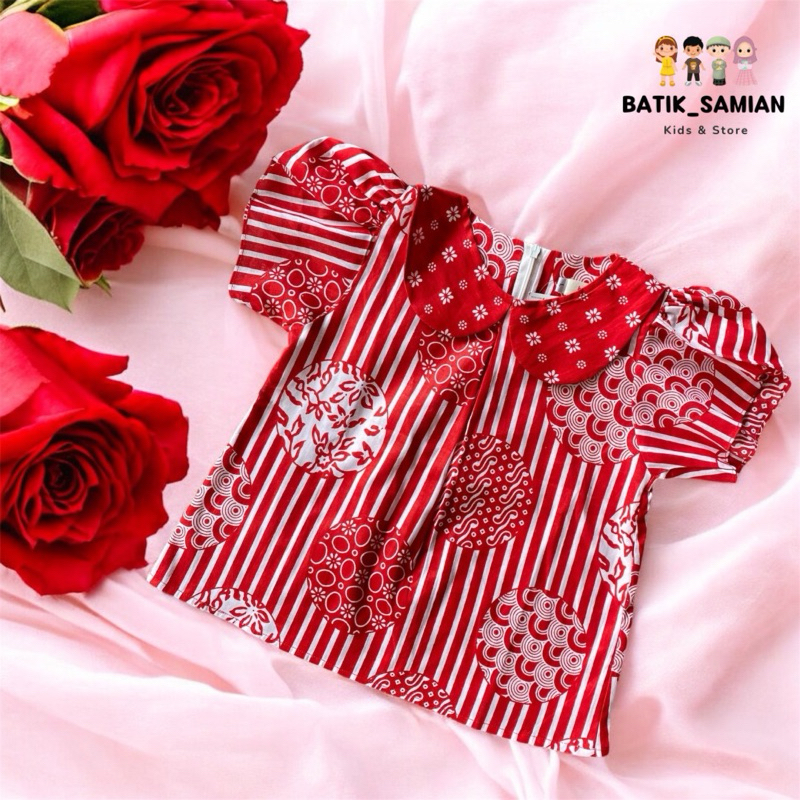 ATASAN BATIK ANAK PEREMPUAN LENGAN PENDEK BLUS MOTIF LURIK BAHAN KATUN COCOK BUAT SERAGAM SEKOLAH