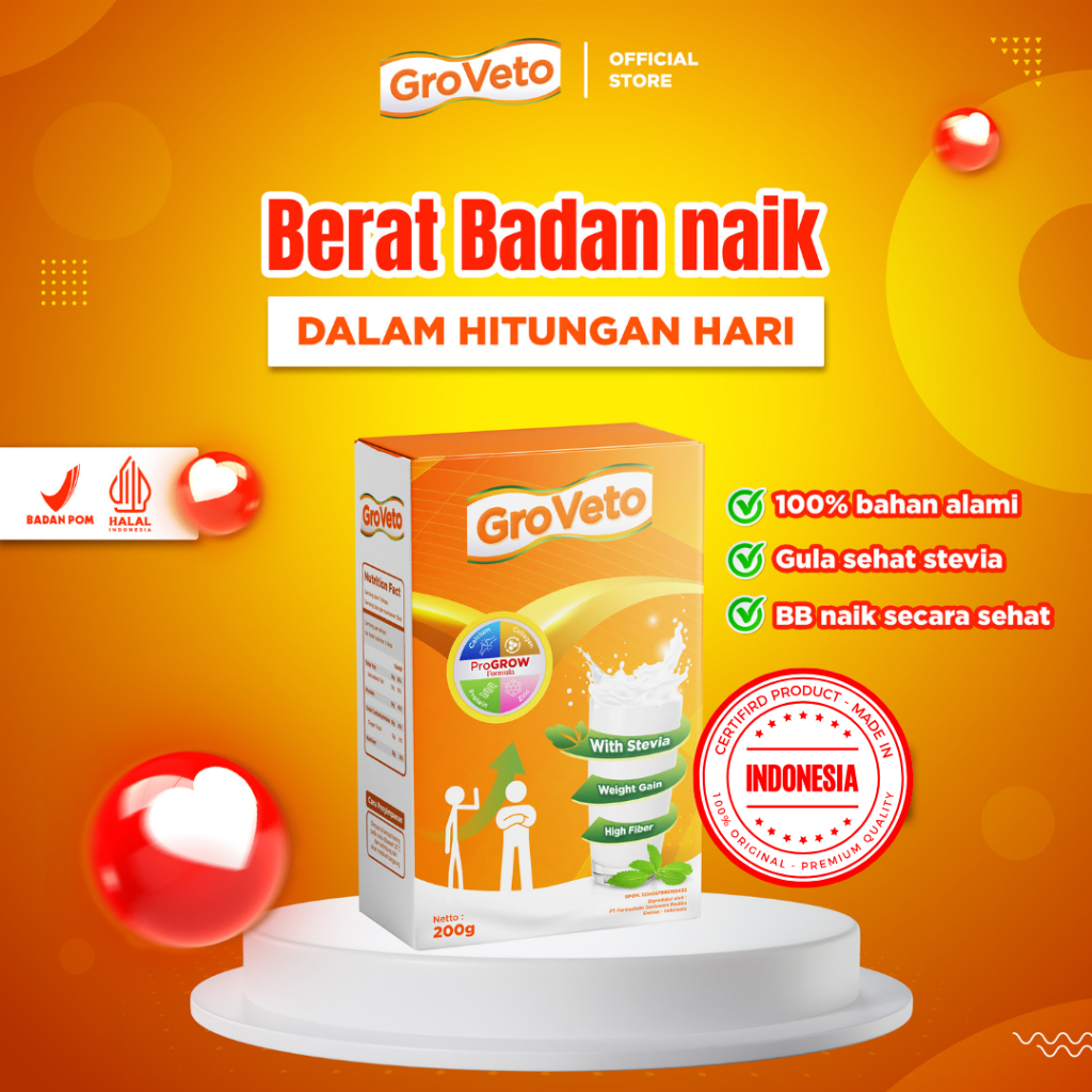 

GROVETO Paket 3- Susu Penambah Berat Badan Pria Wanita Permanen BPOM Alami Original 215gr Paket Nutrisi