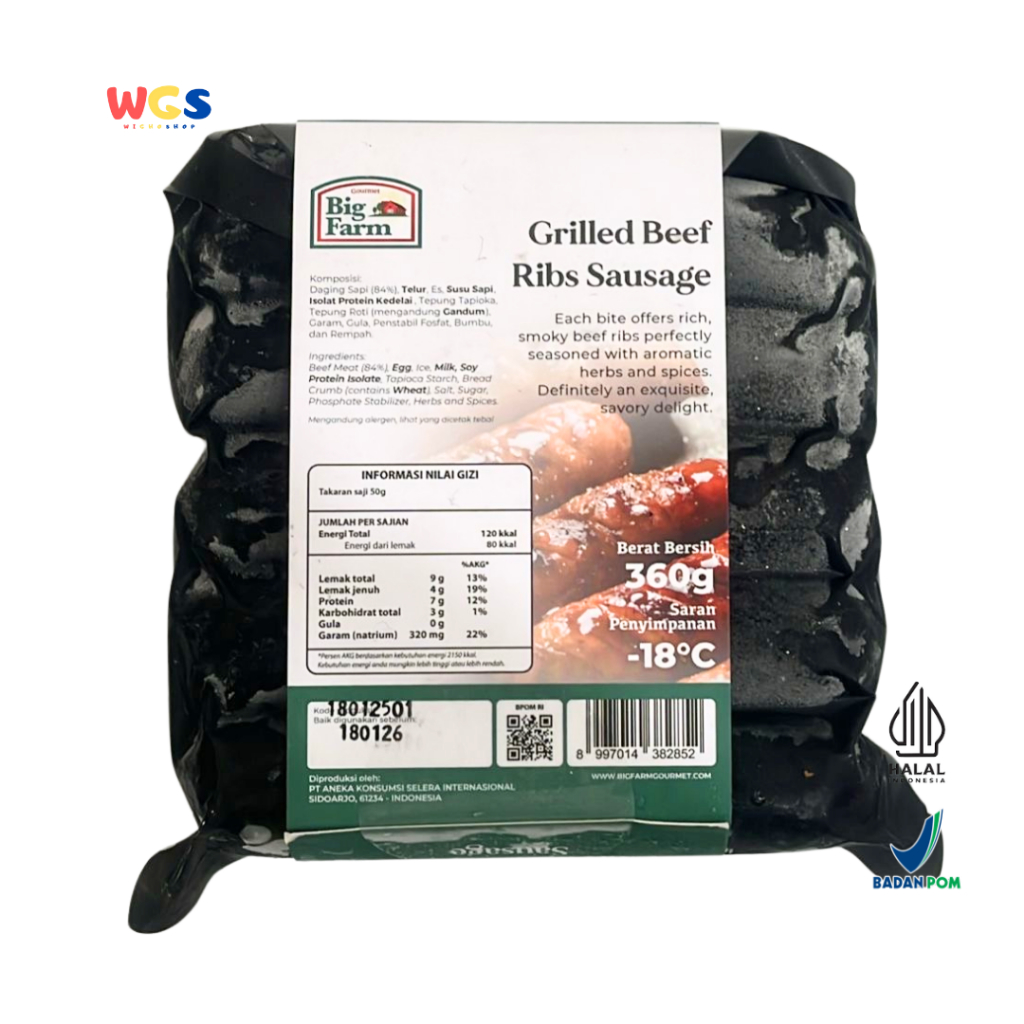 

Big Farm Grilled Beef Ribs Sausage 360g – Sosis Iga Sapi Bakar dengan Rempah Aromatik, Gurih & Lezat