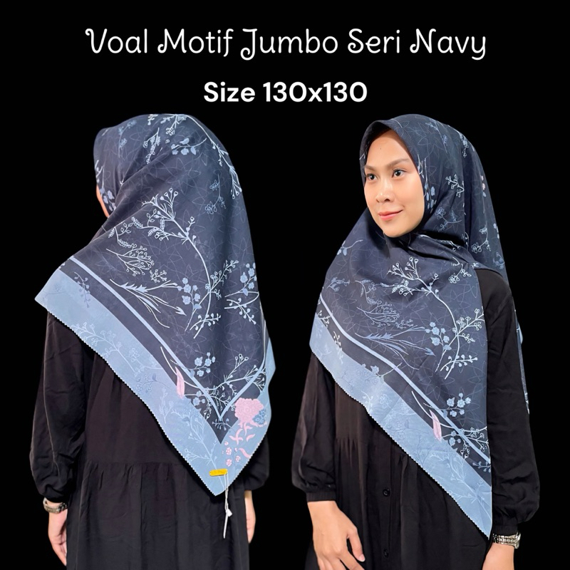 Segiempat Voal Motif Syar’i Seri Navy 130 x130 ( FREE POUCH ) / Segiempat Motif Navy Jumbo / Hijab M