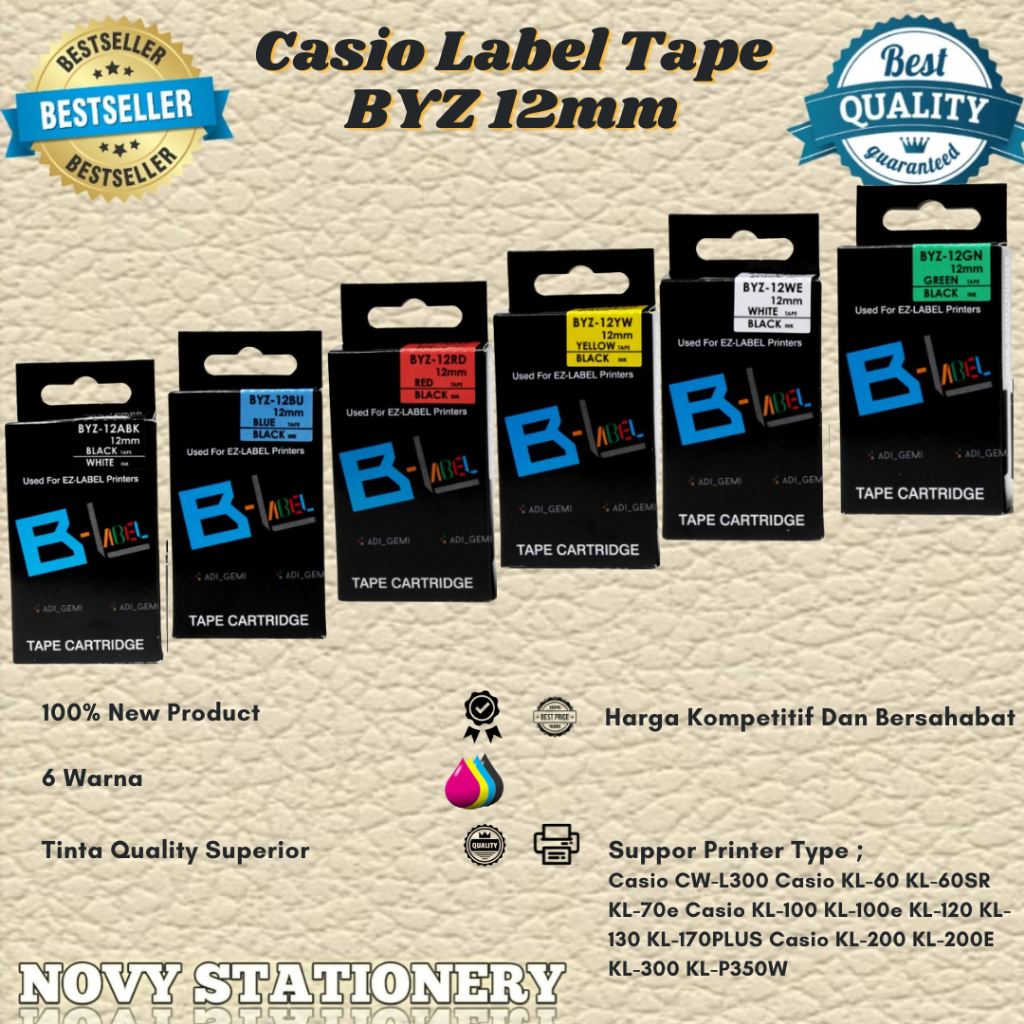 

Compatible Label Tape Casio BYZ 12ABK, BYZ 12BU, BYZ 12YW, BYZ 12RD, BYZ 12WE, BYZ 12GN - KL-60 KL60SR KL-70E
