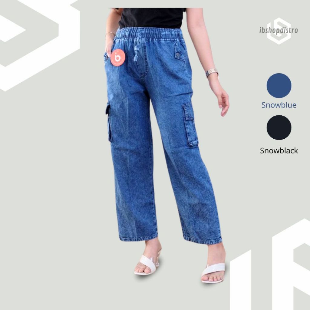 Celana Jeans Cargo Wanita Kulot Kargo Highwaist Jens Levis Snow Blue Black Premium