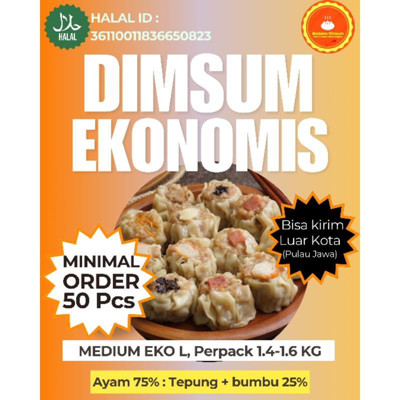 

(Size MEDIUM-EKONOMIS L 27-30 Gram) Pabrik Dimsum Ayam Halal perpack Isi 50 pcs.. Include Saos.. Komposisi ayam 75-80%..