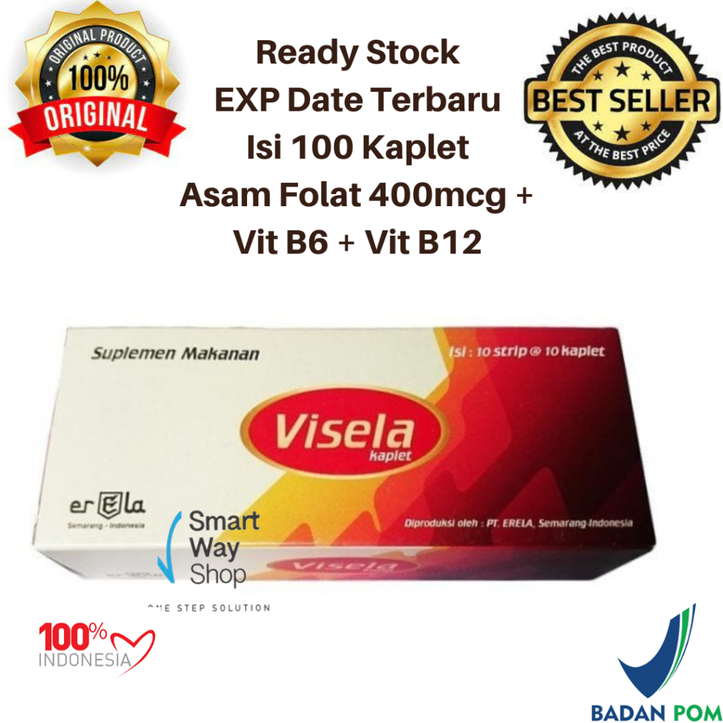 Visela Asam Folat 400mcg Vit B6 dan Vit B12 PerBox isi 100 Kaplet ORI BPOM