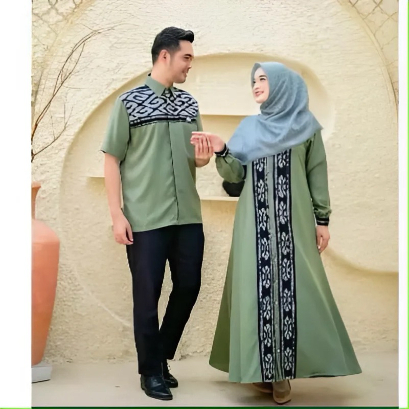 gamis tenun kombinasi hijau sage couple tenun