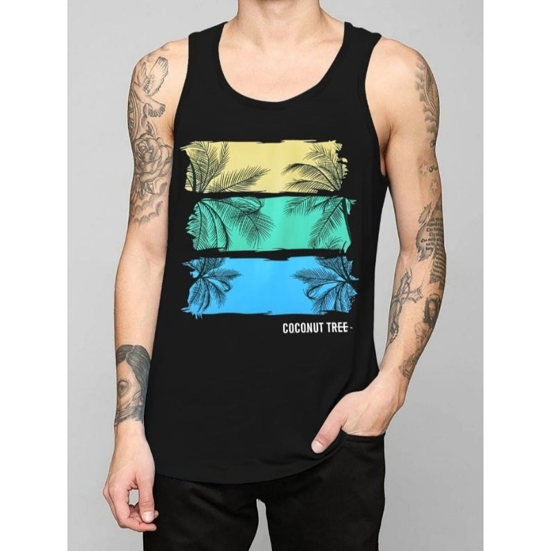 KAOS COWO TANPA LENGAN SINGLET TANKTOP DALAMAN PRIA MOTIF DIGITAL PRINT DTF GAMBAR POHON KELAPA PEMA