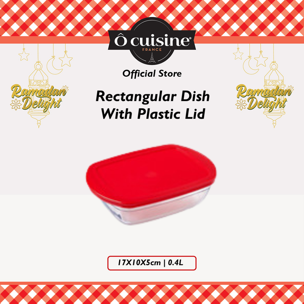 Loyang Kaca Ocuisine Rectangular Dish With Plastic Lid 17X10X5Cm 0.35Lt