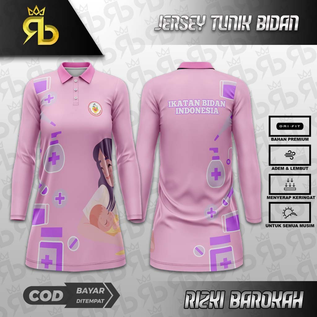 JERSEY TUNIK BIDAN PINK / TUNIK BIDAN / BAJU BIDAN WANITA / DRESS BIDAN / JERSEY SPORT BIDAN/KAOS OL