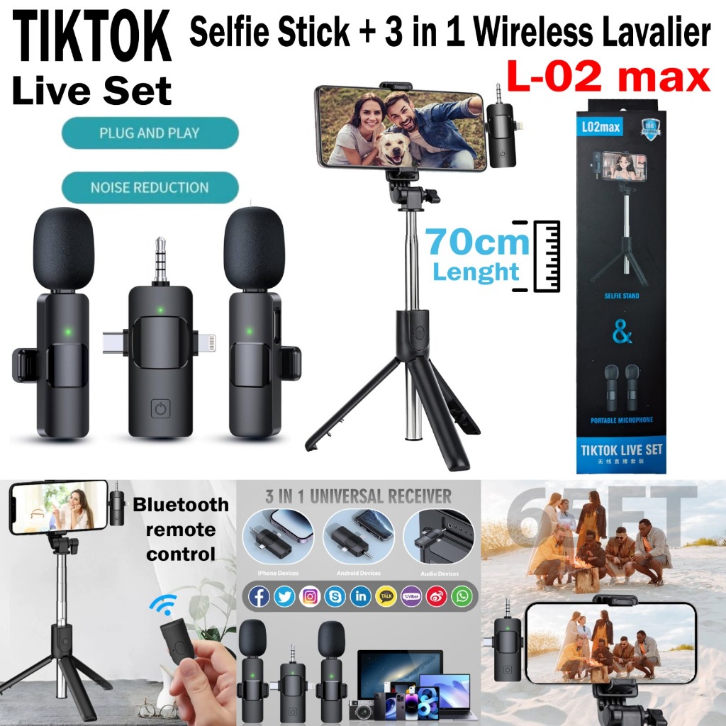 Tripod Multifungsi dengan Clip On Mic Wireless Lavalier Dual Mic Receiver Jack 3.5mm Tipe C Lightnin